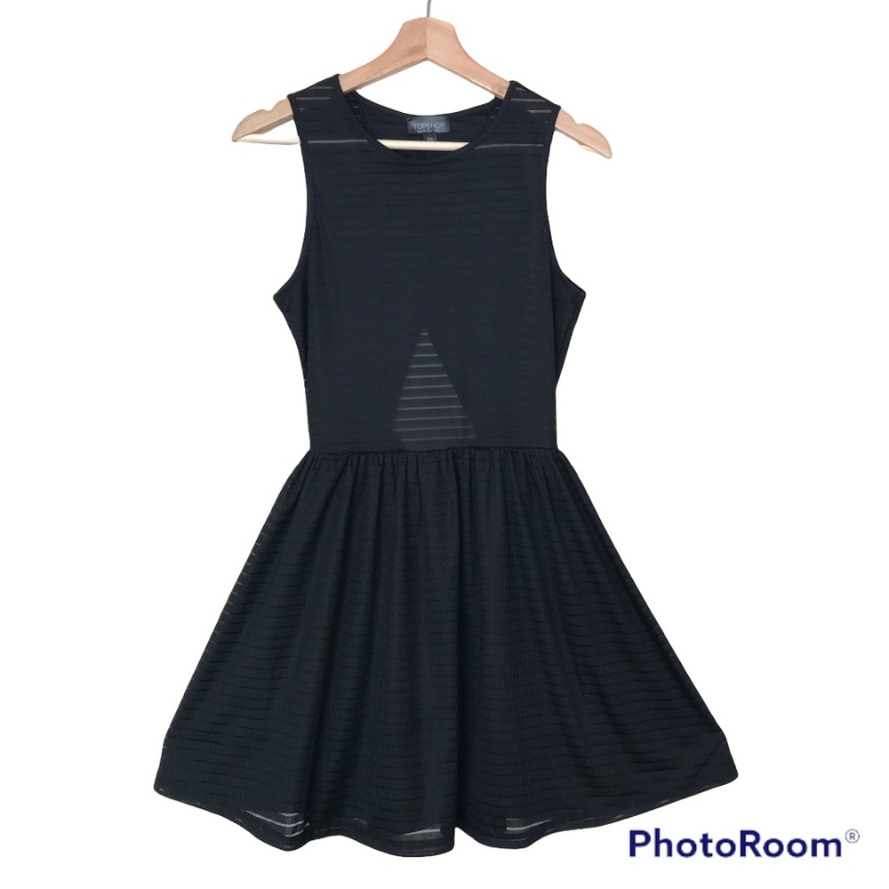Topshop Black Textured Dress | Cutout Back | Sheer Top | Skater Dress